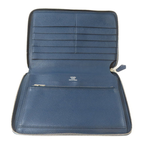 HERMES PHW Long Round Wallet Veau Epsom Leather Colvert Blue