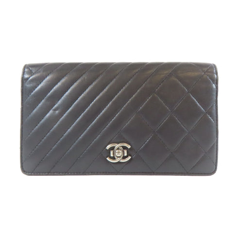 CHANEL Quilted Herringbone CC SHW Long Bifold Wallet Lambskin Leather Black