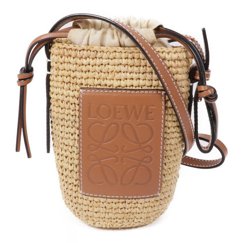 LOEWE Raffia Bucket Shoulder Bag Calfskin Leather Beige Brown