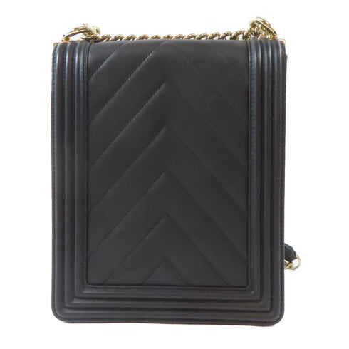 CHANEL Herringbone CC GHW Boy Chain Shoulder Bag Lambskin Leather Black