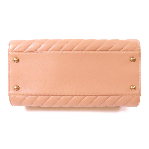 CHANEL Herringbone CC GHW Chain Shoulder Bag Calfskin Leather Beige