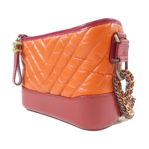 CHANEL Herringbone CC GHW SHW Chain Shoulder Bag Calfskin Leather Orange
