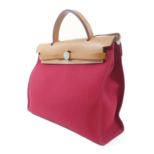 HERMES PHW Herbag PM 2 Way Shoulder Bag Canvas Leather Rouge Grenat Red Brown