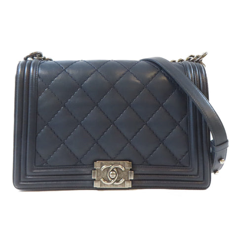 CHANEL Quilted CC Boy Chanel 28 Chain Shoulder Handbag Calfskin Leather Blue
