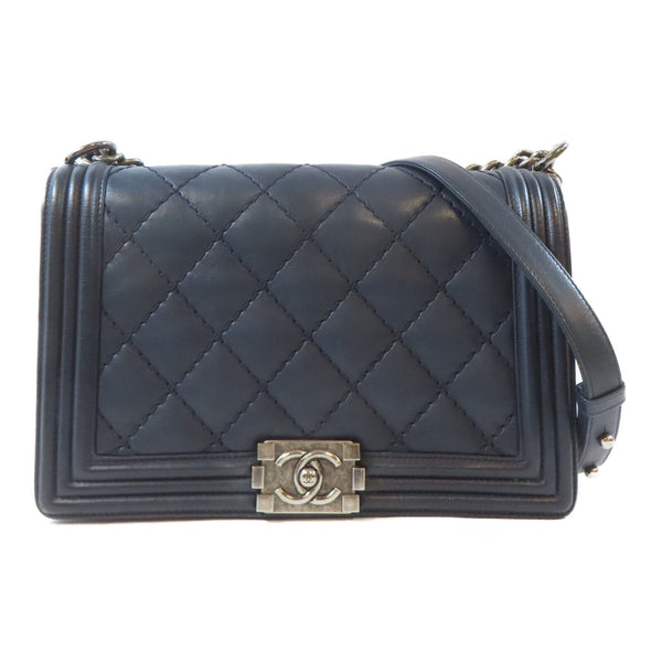 CHANEL Quilted CC Boy Chanel 28 Chain Shoulder Handbag Calfskin Leather Blue