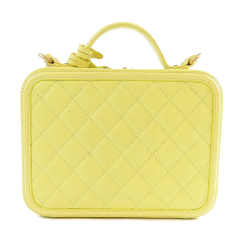 CHANEL CC GHW Quilted Filigree Vanity Case 2 Way Bag Calfskin Leather Yellow
