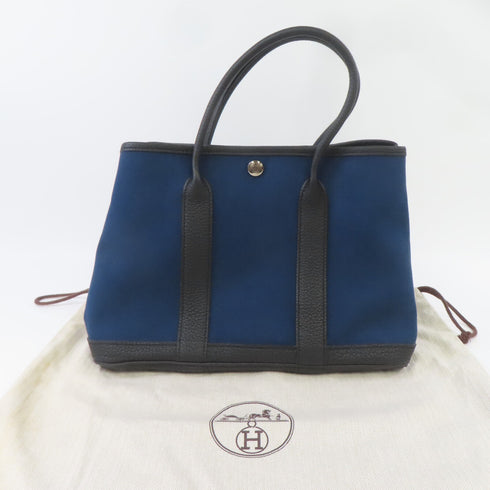 HERMES PHW Garden Party TPM Handbag Tote Bag Canvas Black/Blue