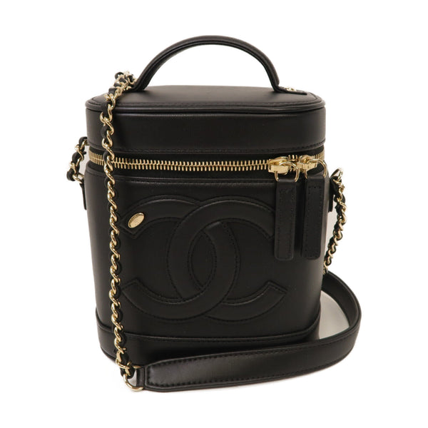 CHANEL CC GHW 2 Way Chain Shoulder Bag Vanity Calfskin Leather Black