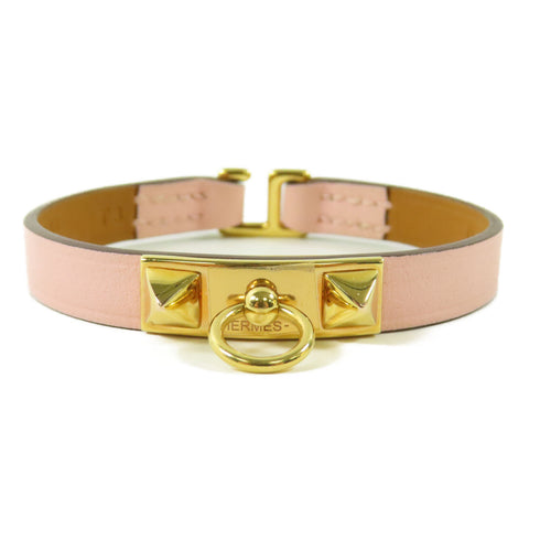 HERMES GHW Rivale Mini Bracelet Bangle Calfskin Leather Pink