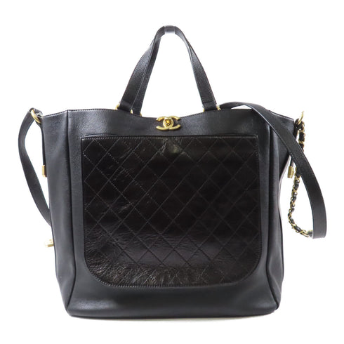 CHANEL CC GHW 2 Way Shoulder Bag Handbag Calfskin Leather Black