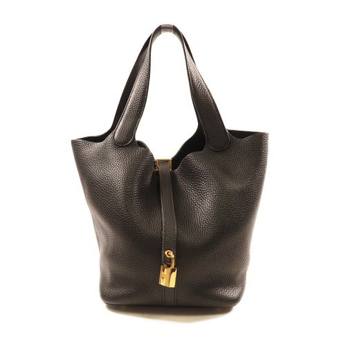 HERMES GHW Picotin MM Tote Bag Clemence Leather 89 Noir