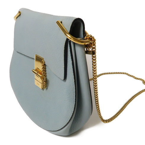 Chloe GHW Drew Bag Chain Shoulder Bag Crossbody Calfskin Leather Light Blue