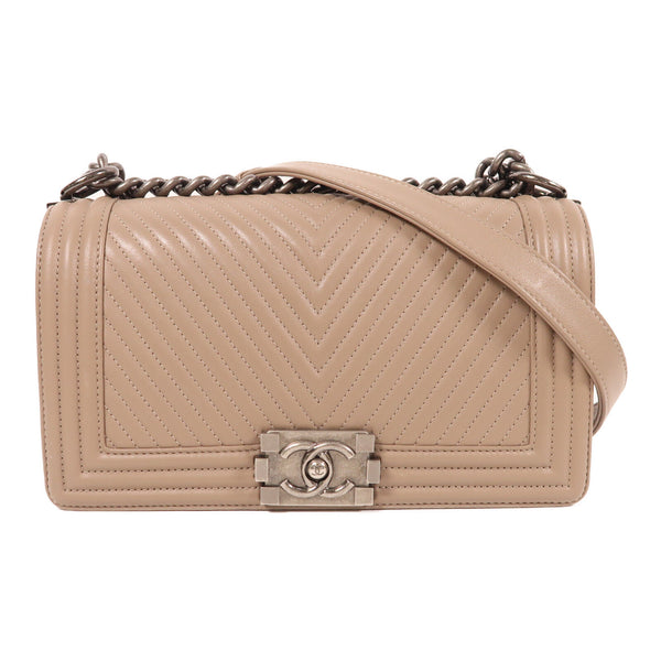 CHANEL CC SHW Boy 25 Chain Shoulder Bag Leather Beige