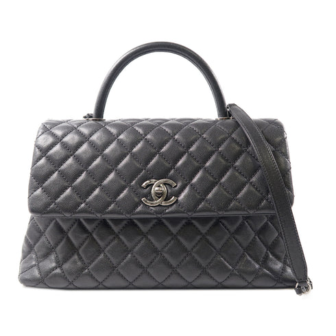 CHANEL Quilted CC SHW Coco Handle Medium 2 Way Bag Calfskin Leather Black