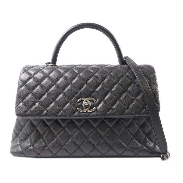 CHANEL Quilted CC SHW Coco Handle Medium 2 Way Bag Calfskin Leather Black