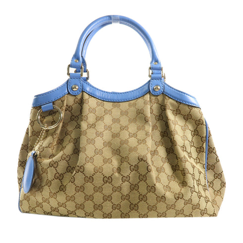 GUCCI GG GHW Handbag 211944 Canvas Leather Brown Blue