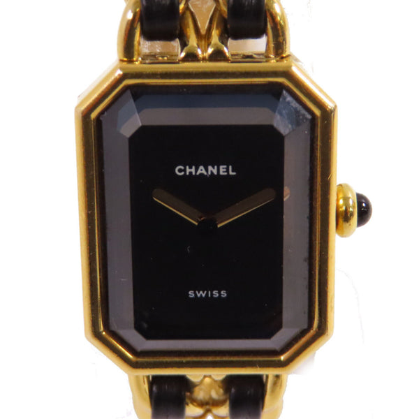CHANEL GHW Premiere L Quartz Watch SS Leather Gold Plated H0001 Black