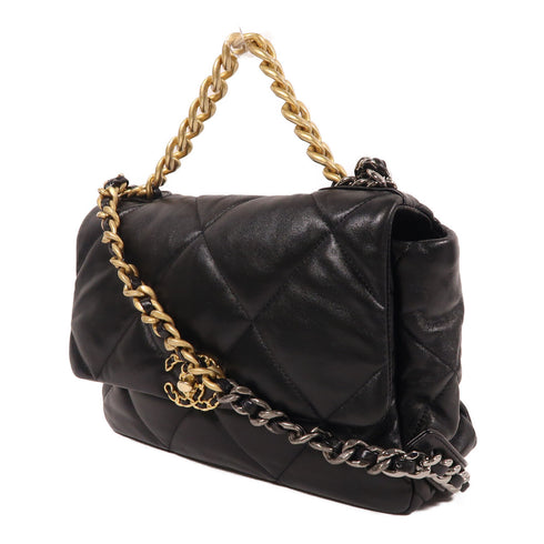 CHANEL CC C19 Large 2 Way Chain Shoulder Bag Lambskin Leather Black