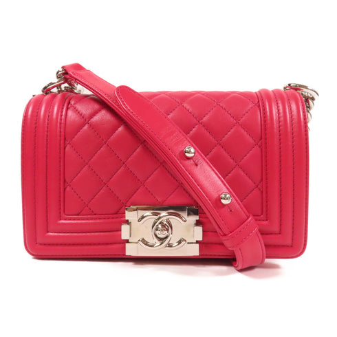 CHANEL Quilted CC SHW Boy 20 Chain Shoulder Bag Lamskin Leather Pink
