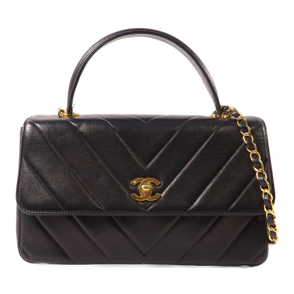 CHANEL Herringbone CC GHW Chain Shoulder Bag 2 Way Bag Calfskin Leather Black