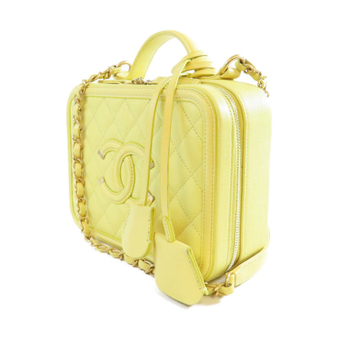 CHANEL CC GHW Quilted Filigree Vanity Case 2 Way Bag Calfskin Leather Yellow