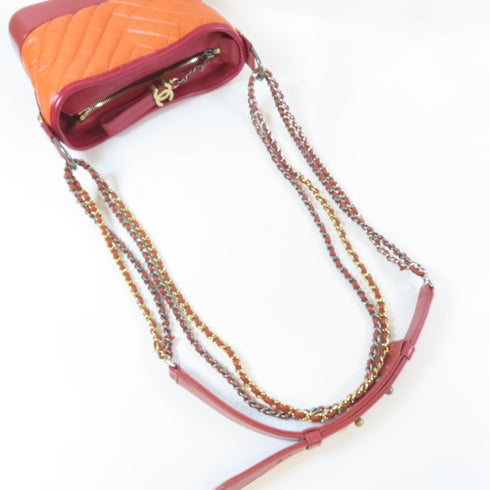 CHANEL Herringbone CC GHW SHW Chain Shoulder Bag Calfskin Leather Orange