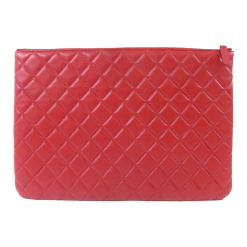 CHANEL Quilted CC SHW Pouch Clutch Bag Lambskin Leather Red