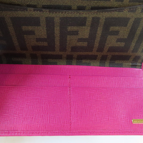 FENDI GHW Long Wallet PVC Coated Canvas Brown Pink
