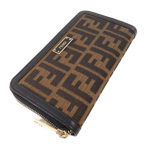 FENDI GHW Long Round Zipper Wallet 8M0024 Canvas Brown Black