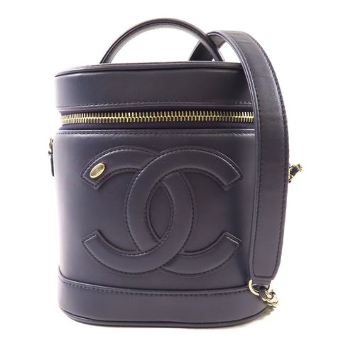 CHANEL CC GHW Vanity Case 2 Way Shoulder Bag Lambskin Leather Navy