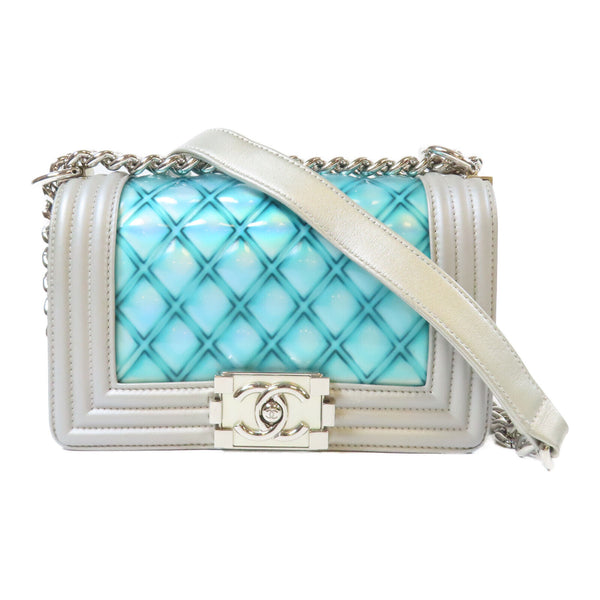 CHANEL Quilted CC SHW Water Boy Flap Chain Shoulder Bag PVC Leather Blue Grey