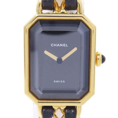 CHANEL CC Premiere L Quartz Watch Gold Plated Leather Black