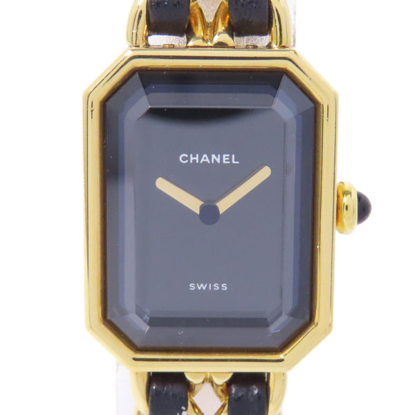 CHANEL CC Premiere L Quartz Watch Gold Plated Leather Black