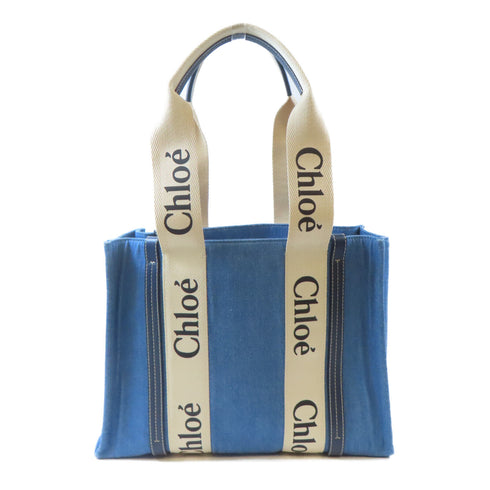 Chloe Medium Woody Tote Bag Shoulder Handbag Denim Blue