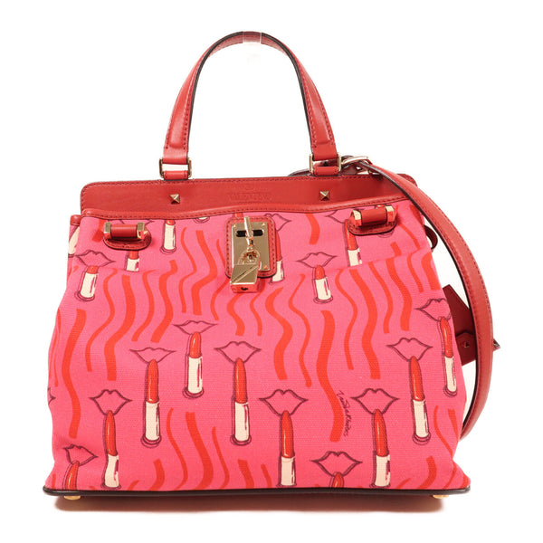 Valentino GHW Shoulder Bag 2 Way Shoulder Bad Handbag Canvas Red/Pink