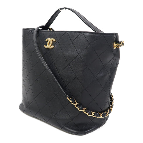 CHANEL Quilted CC GHW Chain Shoulder Bucket Bag Calfskin Leather Black