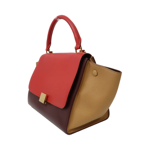 CELINE GHW Trapeze 2 Way Shoulder Bag Handbag Calfskin Leather Red/Brown