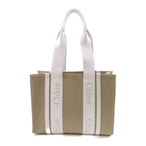 Chloe Medium Woody Tote Bag Handbag Canvas Beige White
