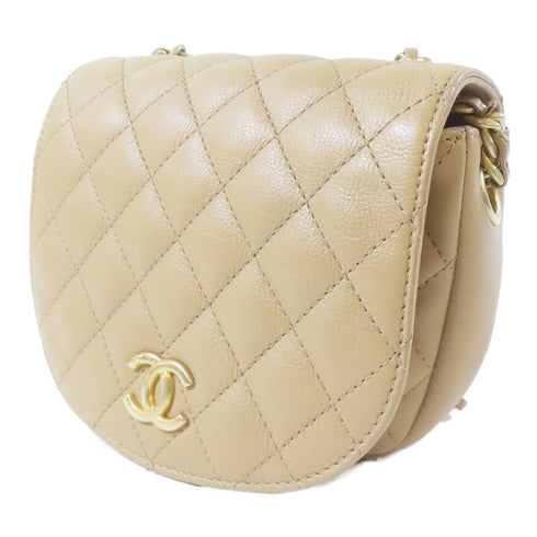 CHANEL Quilted CC GHW Saddle Flap Shoulder Bag Calfskin Leather Brown