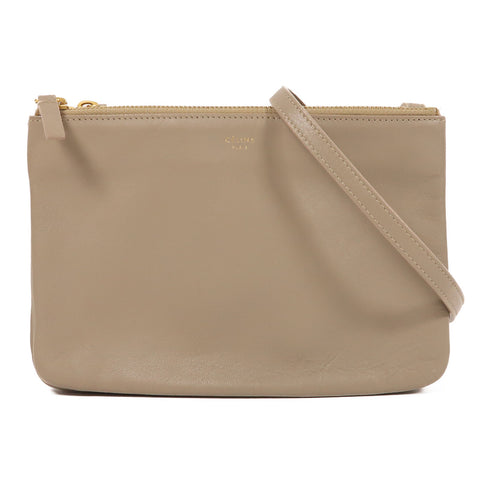 CELINE GHW Trio Shoulder Bag Lambskin Leather Khaki