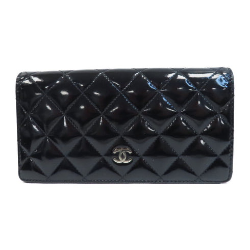 CHANEL Quilted CC SHW Long Wallet Patent Leather Black