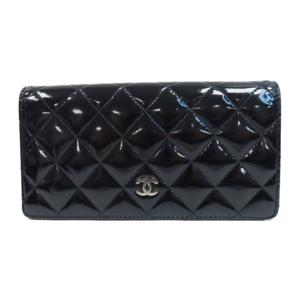 CHANEL Quilted CC SHW Long Wallet Patent Leather Black