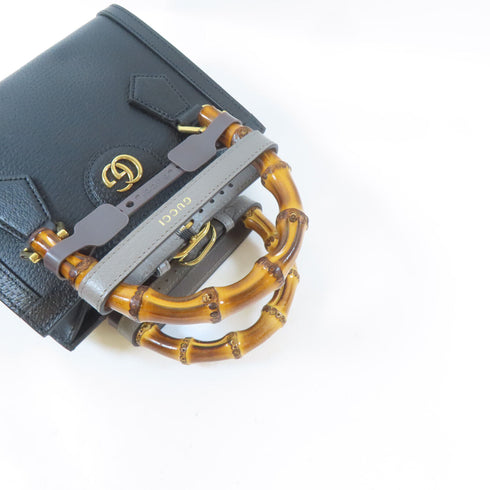 GUCCI GG GHW Diana Mini Tote Bag 2 Way Shoulder Handbag 702732 Calfskin Black