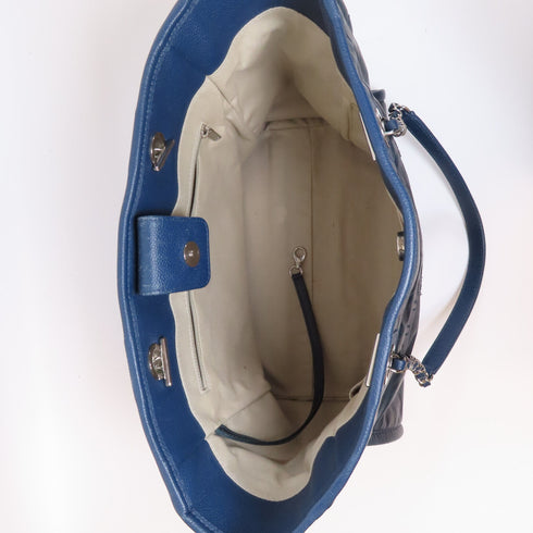 CHANEL CC SHW Beach Tote Bag Chain Shoulder Calfskin Leather Blue