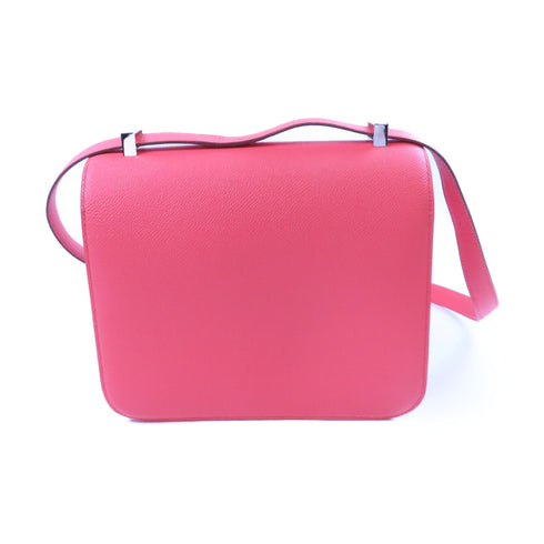 HERMES Epsom leather Constance 24 silver shoulder bag Flamingo/fire crane po...