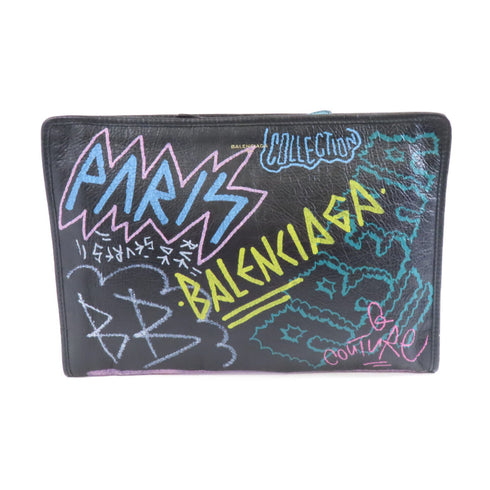 BALENCIAGA SHW Clutch Bag Pouch Calfskin Leather Black