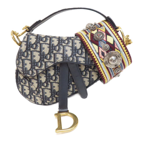 Christian Dior CD GHW Saddle Flap Bag 2 Way Bag Canvas Navy/Beige