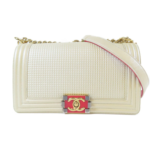 CHANEL CC GHW Chanel Boy Chain Shoulder Calfskin Leather Beige