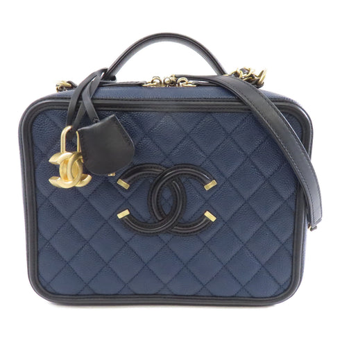 CHANEL Quilted CC GHW Vanity Case 2 Way Chain Shoulder Bag Leather Navy Black