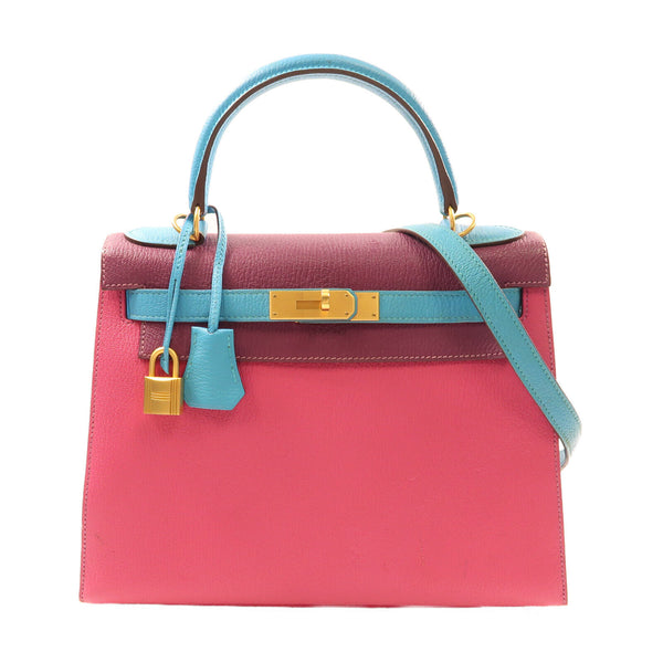 HERMES GHW Kelly 28 2Way Shoulder Hand Bag Chevre Leather Pink/Purple/Blue